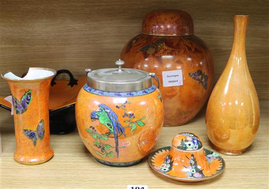 Carlton ware Armand orange lustre - a ginger jar and cover, two vases, an inkwell, biscuit barrel and dish (6)